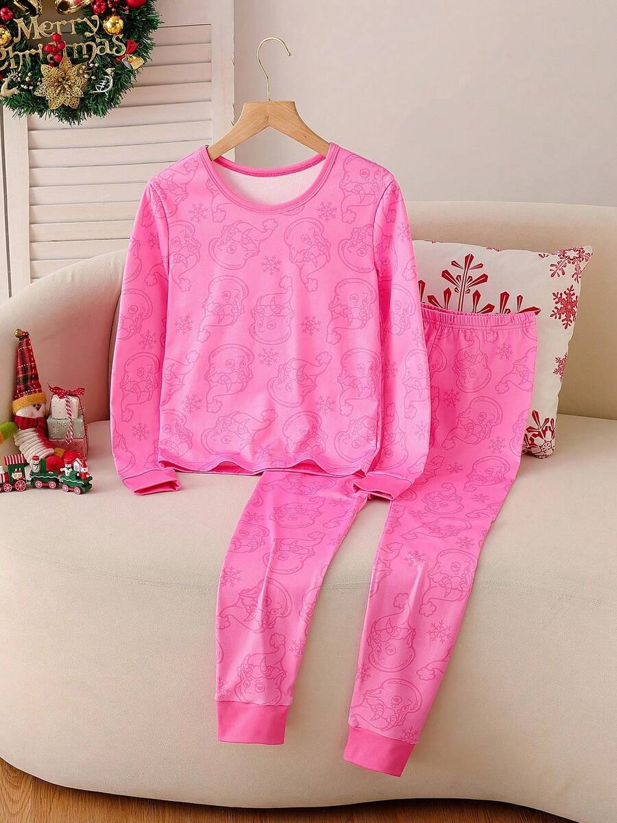 2pcs/Set Girls' Snug Fit Pants And Long Sleeve Pajama Set Snug Fit Pink Girl Clothes - Pink - View 1