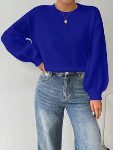 EMERY ROSE Suéter holgado de cuello redondo, mangas farol y hombros caídos, tejido - Dark Blue - Ver 5