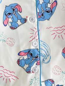 2件套少女可爱卡通垂耳蓝兔印花长袖上衣和裤子舒适休闲睡衣套装 - 藍白色 - 查看 4
