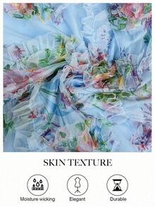 Elenzga 女士优雅浪漫网眼花卉印花褶饰方领长袖中长连衣裙，适合婚礼、派对、约会、休闲外出等，春秋季 - 藍色 - 查看 6