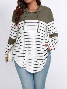 EMERY ROSE Plus Size Color Block Striped Hooded Casual T-Shirt Graphic Tees Women Tops - Army Green - View 5
