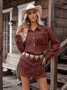 LanaWest 秋季两件套流苏套装，适合女士西部度假 - 酒紅色 - 查看 3