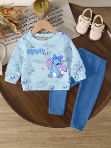 Playful Pals 2 件套可爱甜美女婴休闲兔子和心形图案针织柔软圆领长袖运动衫和紧身裤套装，适合秋冬季、万圣节、返校、户外、拍照、家居服、校园、节日、礼物 - 彩色 - 查看 2