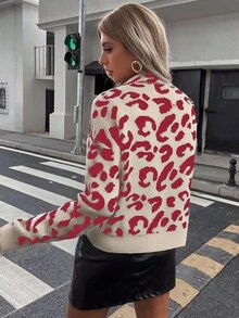 Elyressa Tropiluxe Women Leopard Print Crew Neck Casual Long Sleeve Pullover Sweater - Multicolor - View 2