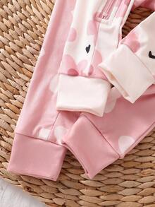 2pcs Baby Girls' Floral Print Long Sleeve Jumpsuit & Bodysuit Set, Snug Fit Baby Casual Zipper Romper Baby Girl Pajamas Zipper Baby Girl Sleep Wear - Pink - View 4
