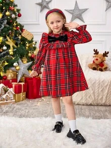 SHEIN Emery Rose Kids 年轻女孩格子印花荷叶边蝴蝶结前开襟连衣裙，适合圣诞节、长袖修身优雅休闲连衣裙、感恩节、休闲郊游 - 紅色 - 查看 3