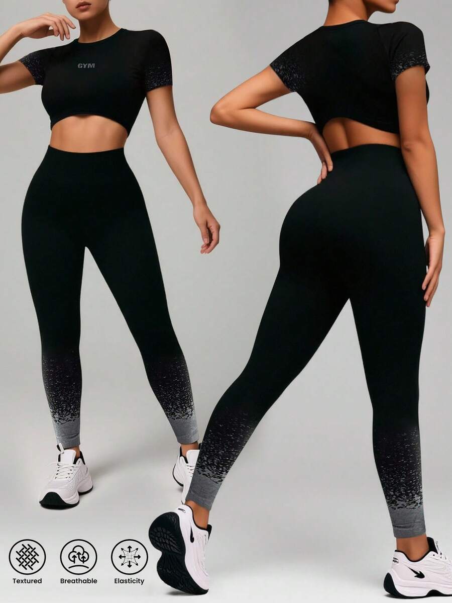 Dewbera 2 piezas Conjunto atlético Parte superior de manga corta básica y pantalones, Tela transpirable, Diseño de cuello redondo, Adecuado para deportes, acondicionamiento físico, conjuntos de yoga para mujeres