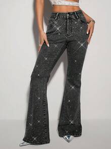 SHEIN ICON 女式高腰水钻口袋喇叭腿休闲牛仔裤 - 黑色 - 查看 6