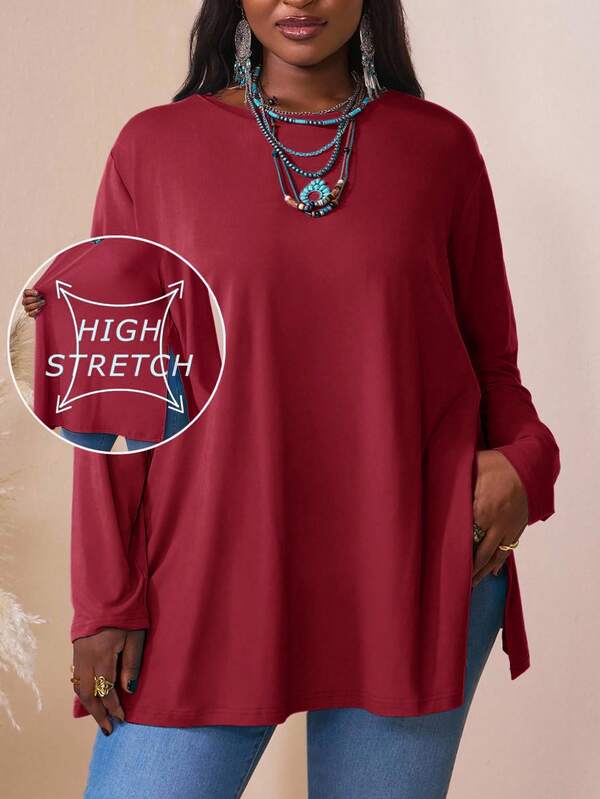 SHEIN CURVE+ Plus Size Colorful Solid Round Neck Drop Shoulder Long Sleeve Split Hem Loose T-Shirt, Summerfall Clothes For Women,Winter,CURVE PLUS