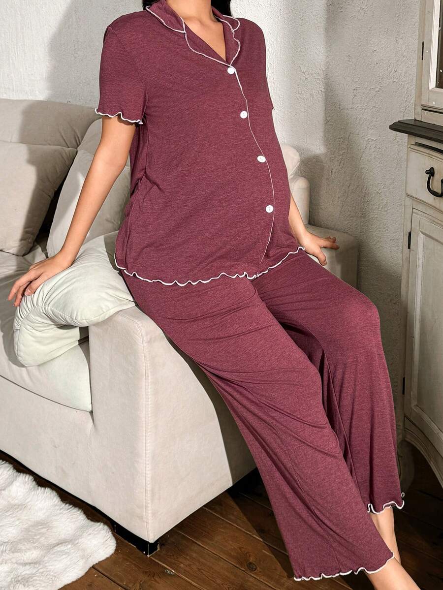 Moonlight&Mama Bộ đồ ngủ và áo khoác cardigan phong cách Pháp màu tương phản mềm mại, thân thiện với làn da, đồ bầu - Màu Đỏ Sâu - Xem 1