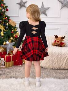 SHEIN Young Girl Vintage & Cute & Fashion & Elegant Contrast Plaid Print Patchwork Dress, Long Sleeves, Cake Dress , Casual Simple Elegant,Wedding Season,Ladylike Gentleman ,Autumn And Winter,For Christmas,Party Wear,Daily Wear,Birthday Dress,Princess Dress,Mom And Daughter And Sisters Matching