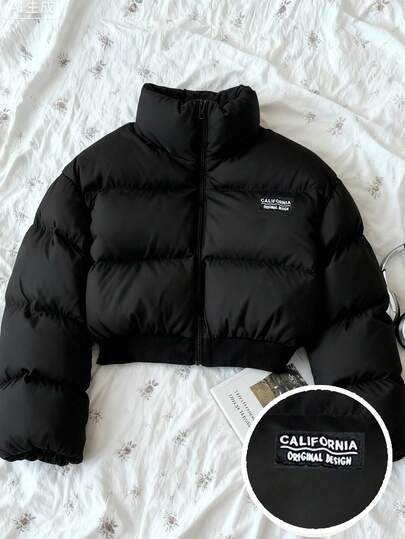 SHEIN Abrigo corto de invierno con cuello alto y forro de terciopelo, estilo casual de calle, versátil para varias ocasiones, adecuado para adolescentes