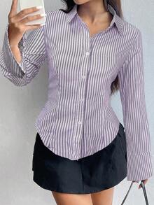 Flirla 女士休闲通勤修身条纹衬衫 - 彩色 - 查看 5