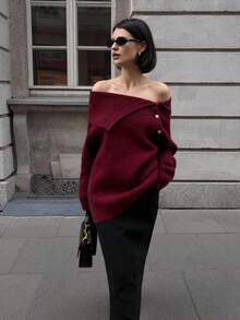 SHEIN Unity Women's Loose Off-Shoulder Soft Sweater, Red, Autumn/Winter