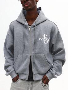 SUMWON 短款休闲拉链连帽衫，纽约印花，基本款全前拉链运动衫，日常穿着必备春秋冬街头服饰 - 灰色 - 查看 6