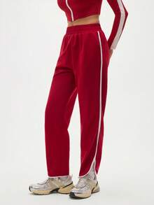 SHEIN Sports 女式撞色边开衩运动裤 - 酒紅色 - 查看 5