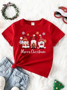 GraphicGems 小女孩圣诞老人图案印花百搭红色短袖T恤，百搭可爱，适合圣诞派对