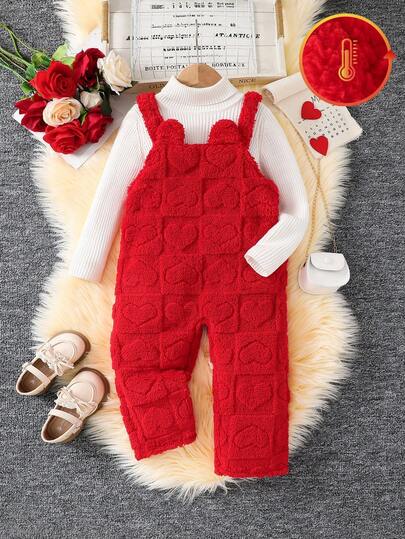 SHEIN Young Girl's Red Heart Pattern Plush Reversible Fleece Jumpsuit For Girls, Suitable For Casual Everyday Wear,Or Autumn & Winter, Red For Christmas, Party Wear, Daily Wear School Daily, Birthday Dress, Princess Dress, Mom And Daughter & Sisters Matching,For Christmas.