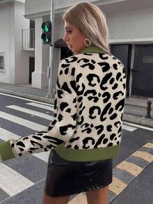 EMERY ROSE 女式豹纹圆领休闲长袖套头毛衣 - 軍綠色 - 查看 2