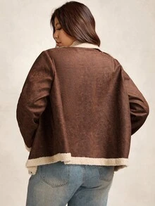 Zelara 加大码女式摩托车风格拉链休闲夹克，秋冬女式棕色夹克仿麂皮夹克羊羔绒夹克女式外套女式秋季夹克女式秋季服装女式西部服装女式夹克 - 卡其色 - 查看 5