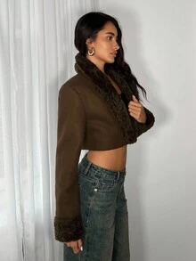 SHEIN Unity 1 Áo khoác ngắn cổ chữ V thắt eo phối lông gấu bông màu nâu dành cho nữ, thích hợp mặc hàng ngày, đi làm, thường ngày - Cà phê nâu - Xem 6