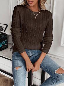 EMERY ROSE Women's Casual Twist Knit Crew Neck Long Sleeve Sweater - Coffee Brown - View 5