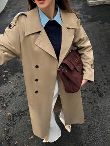 SHEIN Unity Áo gió dài hai hàng khuy cổ điển dành cho nữ, thời trang và cao cấp, thích hợp cho mùa thu - Màu Khaki - Xem 6