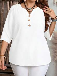 EMERY ROSE 大码纯色休闲百搭衬衫，适合秋夏季 - 白色 - 查看 6