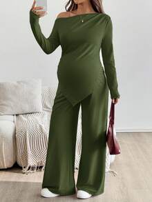 SHEIN 2件套孕妇休闲纯色不对称上衣和裤子套装 - 軍綠色 - 查看 5
