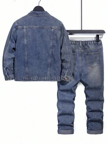 2 件套青少年男孩时尚破洞牛仔夹克和直筒牛仔裤套装，适合日常、派对、返校、度假的休闲时尚