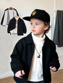 SHEIN 一件男童休闲可爱牛仔印花保暖加厚长袖翻领外套，适合外出、上学、休闲聚会、秋冬季穿着。