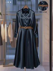 Franclia New Elegant Satin Navy Blue Autumn Waist Maxi Dress With Lapel Belt Urban Ladies Dress Ladies Autumn Clothing Matching Outing Elegant Dress Female Dress Fall Cloth For Women