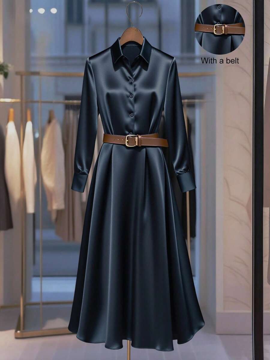 Franclia New Elegant Satin Navy Blue Autumn Waist Maxi Dress With Lapel Belt Urban Ladies Dress Ladies Autumn Clothing Matching Outing Elegant Dress Female Dress Fall Cloth For Women