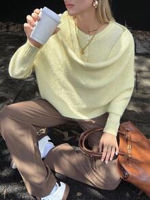 Elyressa 女士休闲日常通勤简约纯色半扣蝙蝠袖宽松针织毛衣，秋冬 - 淡黃色 - 查看 7