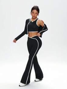 Dewbera 3 件套女式撞色绑带工字背心、夹克和高腰喇叭裤运动套装 - 黑色 - 查看 6