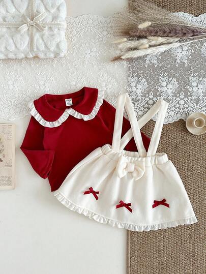 SHEIN 2 件套秋季女童休闲学院风套装、娃娃装上衣和连衣裙冬季