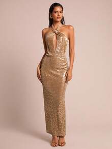 Glamine Women's Shell Decor Sleeveless Elegant Leopard Print Maxi Dress,Gold,Summer,70s,Night Out,Party,Chic Sparkly Shiny Long Dress,Halloween - Brown - View 5