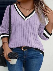 EMERY ROSE Women's Plus Size V-Neck Contrast Trim Soft Plus Size Ribbed Knit Sweatshirt, Autumn/Winter - Purple - View 1