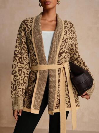 Vesra Women's Leopard Print Belted Long Sleeve Cardigan, Autumn/Winter