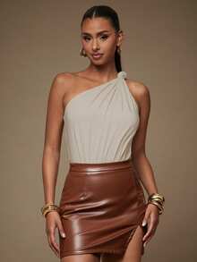 L'Amorae 女式休闲纯色扭纹前部无袖紧身衣，夏季 - 卡其色 - 查看 2