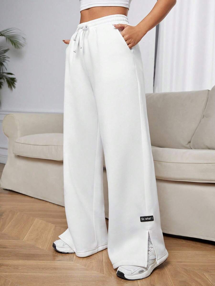 Tween Girl 休闲简约小字母拼接开衩下摆阔腿运动裤 - 白色 - 查看 1
