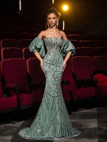 Glamrae Elegantes grau-grünes Luxus 3D-Pailletten-Trägerloses Maxikleid mit hoher Taille und Fischschwanz-Silhouette, mit abnehmbaren Schalärmel, geeignet für alle formellen Anlässe, Abschluss, Hochzeit, Gala-Events