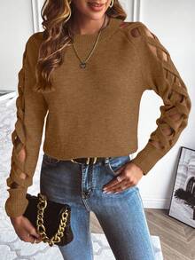 EMERY ROSE Women's Sexy Criss-Cross Hollow Out Sleeve Round Neck Sweater, Autumn/Winter - Camel - View 7