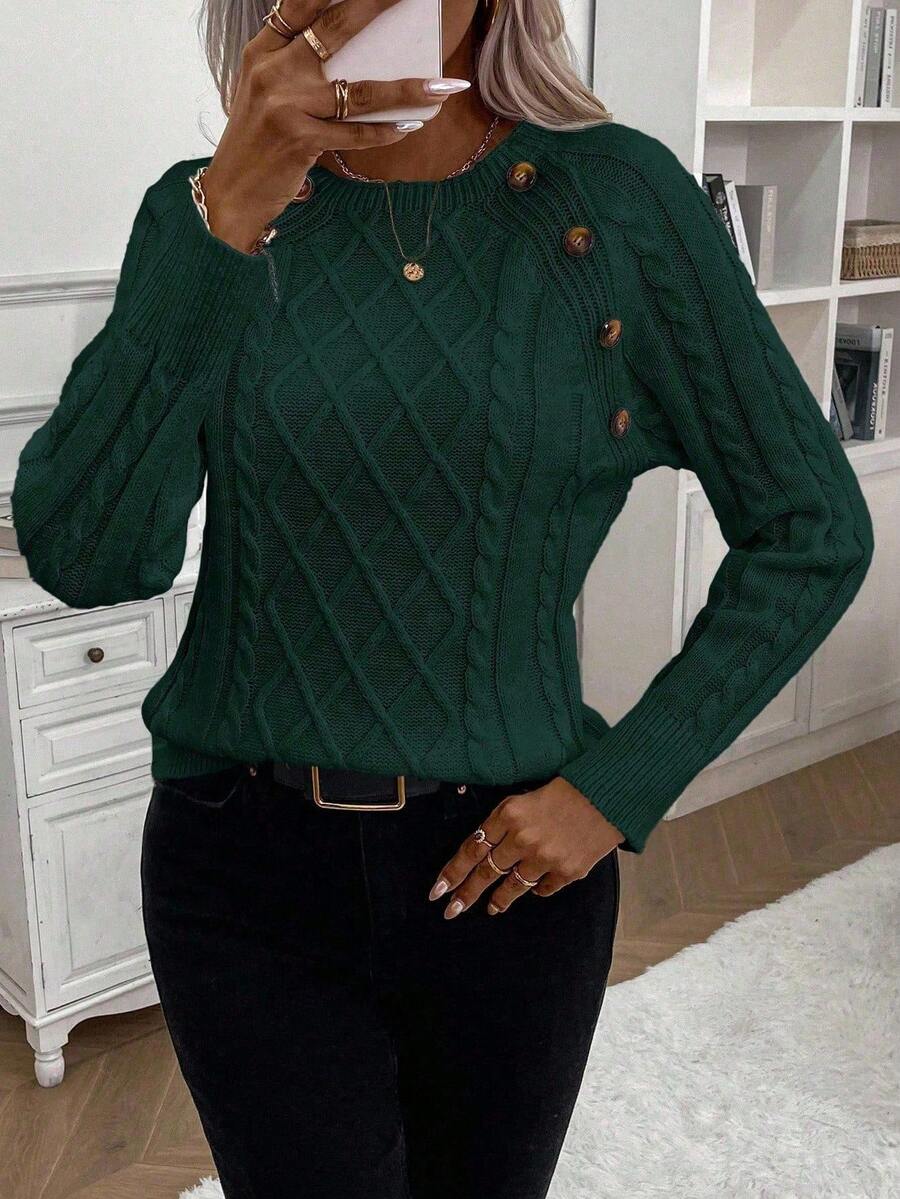 EMERY ROSE Suéter casual de mujer con diseño de botones y cuello redondo, manga raglán, para otoño/invierno