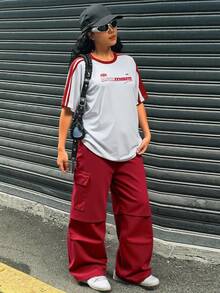 2pcs/Set Teenage Girls Comfortable Loose Fit Outdoor Sports Drop Shoulder T-Shirt And Cargo Pants - Multicolor - View 5