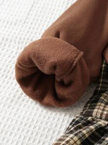 SHEIN 少女宽松休闲简约舒适圆领长袖纯色拼接格子连衣裙