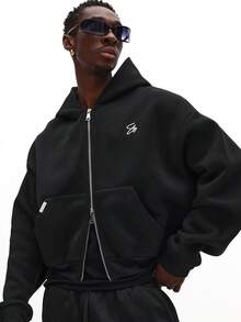 SUMWON 短款经典全拉链连帽衫，带前口袋，休闲日常基础款秋冬街头风连帽卫衣，常规版型，保暖舒适，必备纯色 - 黑色 - 查看 2