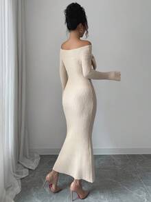 SHEIN Elenzya Women's Off Shoulder Bowknot Fishtail Dress, Autumn/Winter - Apricot - View 2