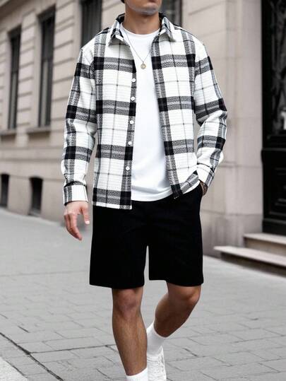 Manfinity Homme Men's Corduroy Plaid Long Sleeve Thickened Collared Shirt Flannels For Men Europe Street Wear Daily Leisure, Weekend Trips, Outdoor Activities, Travel Expeditions, Relaxed Work Environments Or Semi-Formal Occasions, Boyfriend/Husband Gift, Anniversary Gift, Fall/Winter