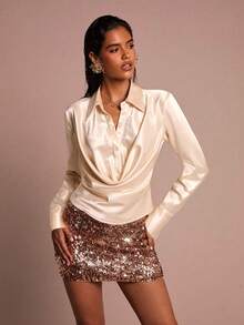 Glamine Women's Champagne Satin Lapel Ladies Shirt, Fashionable Sexy Commuter Versatile Office Party Versatile Shirt, Women's Satin Shirt, Women's Versatile Commuter Shirt, Women's Elegant And Fashionable Tops, Suitable For All OccasionsWomen At WorkVitamin Colorsvintagetrendy Basic AuRetro ChicPale YellowMinimalist Stylegirly AucorporategirliesCool Wear Collectionlean Fit Styleaffordablefashion - Yellow - View 5